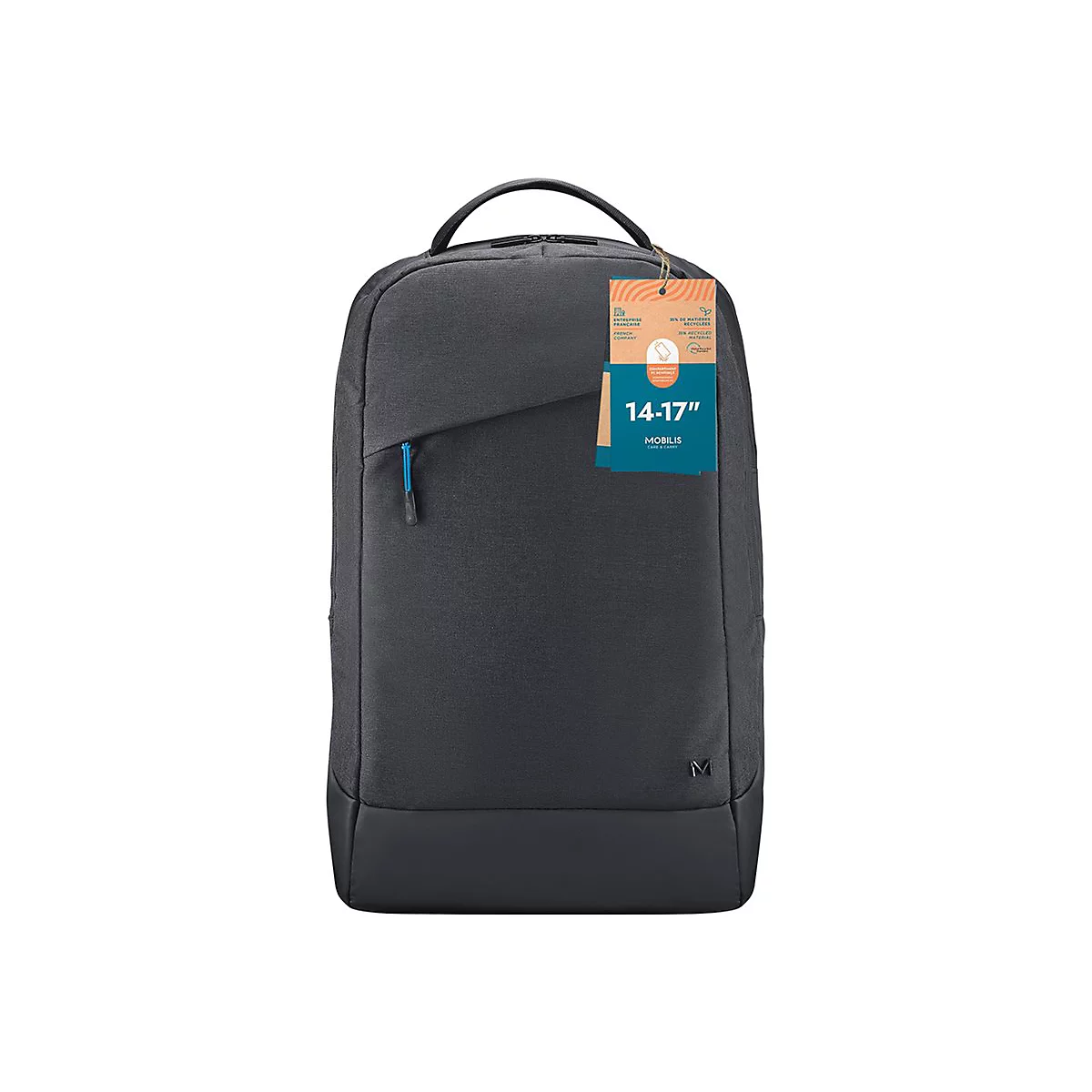 Dunkelgrauer Rucksack mit blauem Reißverschluss, Anhänger mit Produktinformationen.