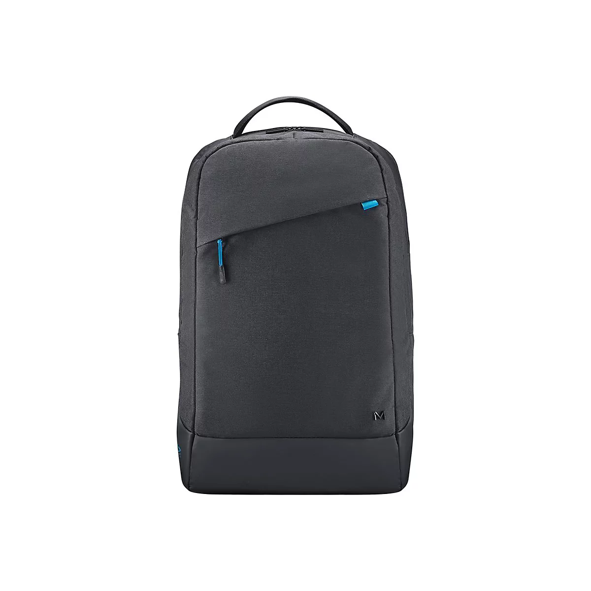 Dunkelgrauer Rucksack, mit schwarzem Griff, blauen Reißverschlüssen, rechteckiger Form. Unten schwarzer Abschluss.