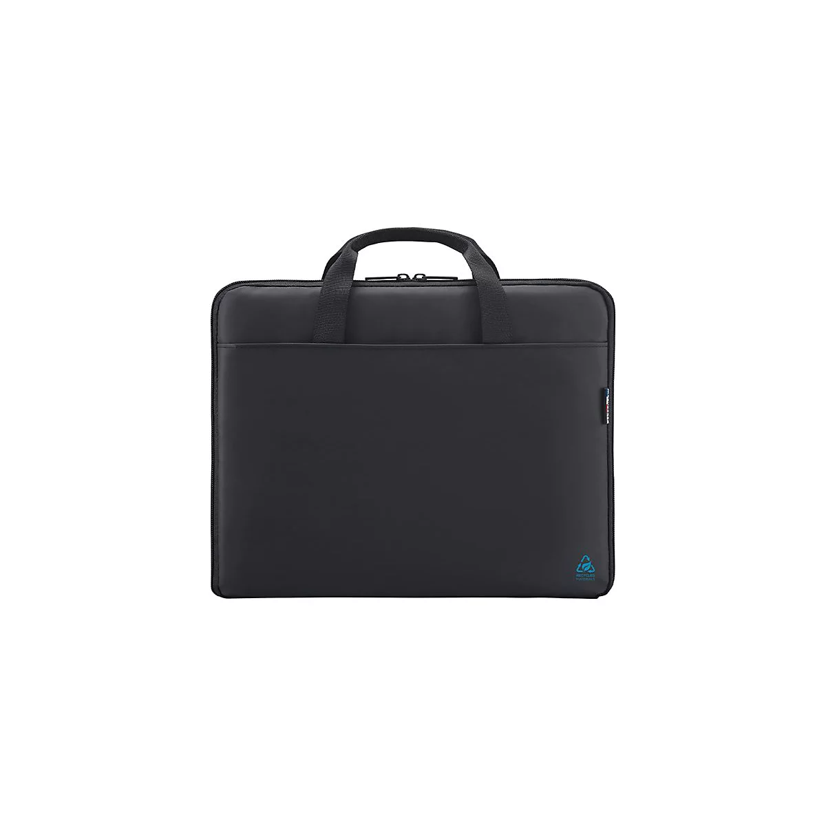 Schwarze Laptoptasche mit Tragegriff. Auf der Vorderseite Logo und Schriftzug.
