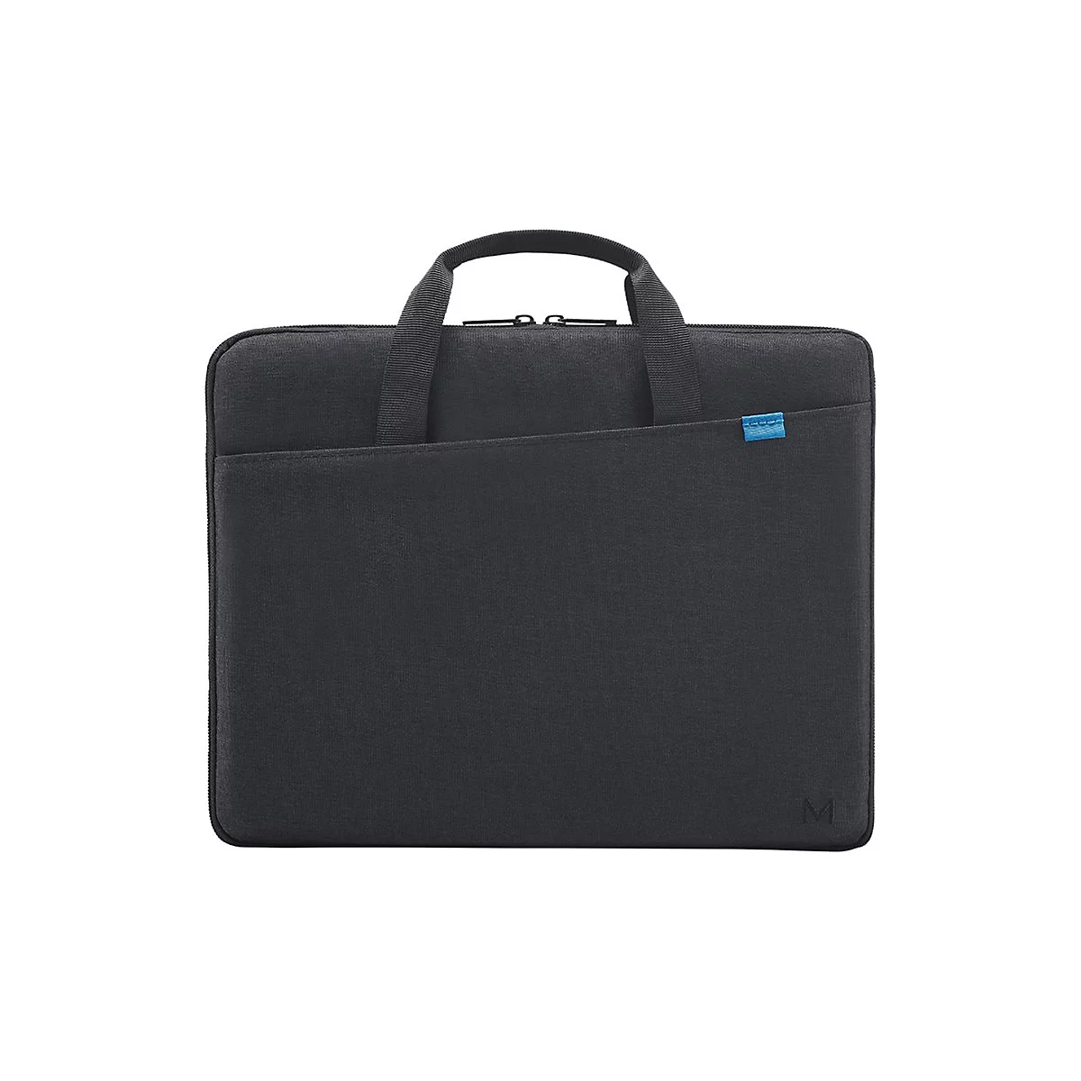 Dunkelgraue Laptoptasche mit Tragegriff und blauen Akzenten. Aufgesetzte Tasche mit blauem Label. Reißverschluss oben.