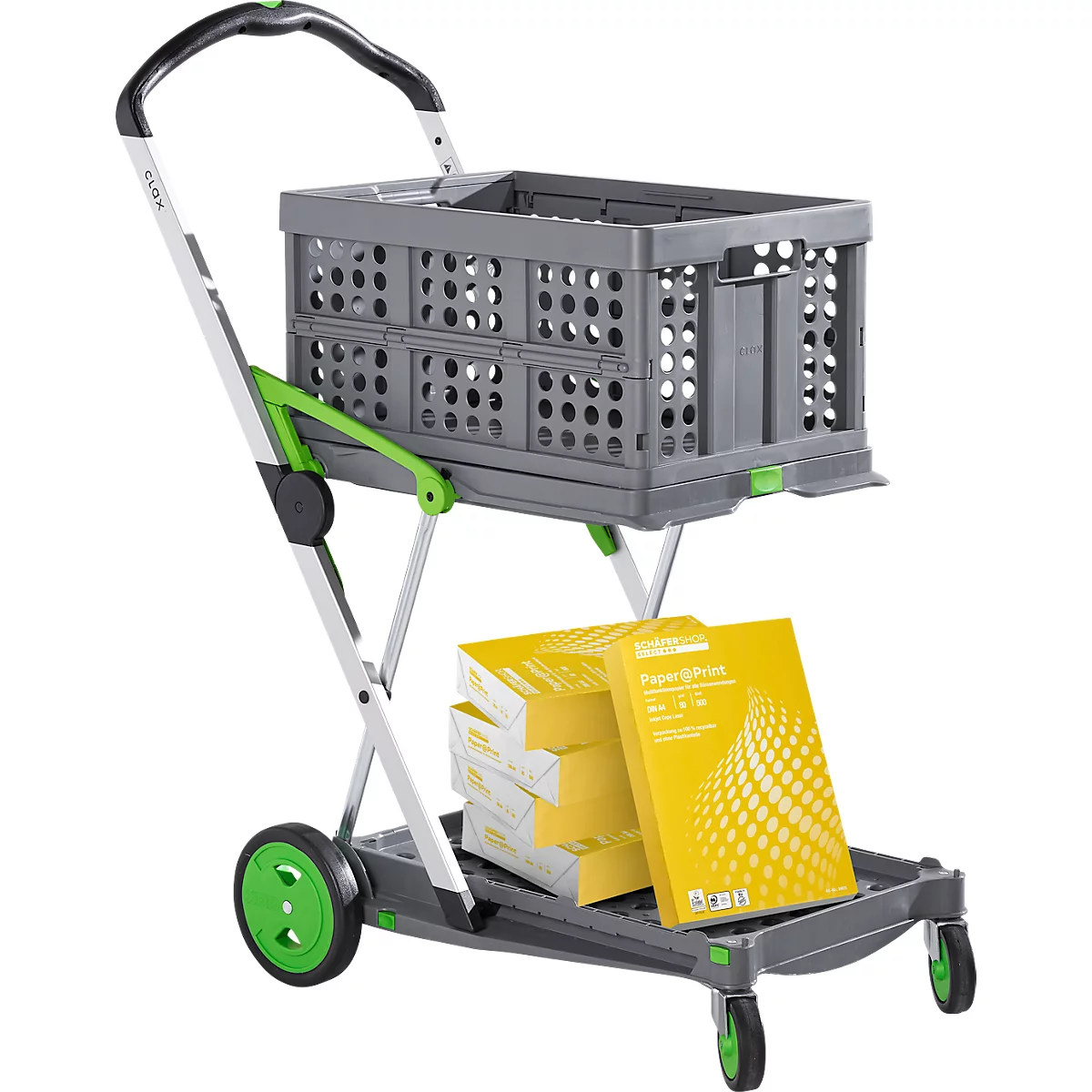 Un chariot de transport gris avec des accents verts, chargé de papier et d'un panier pliable gris.