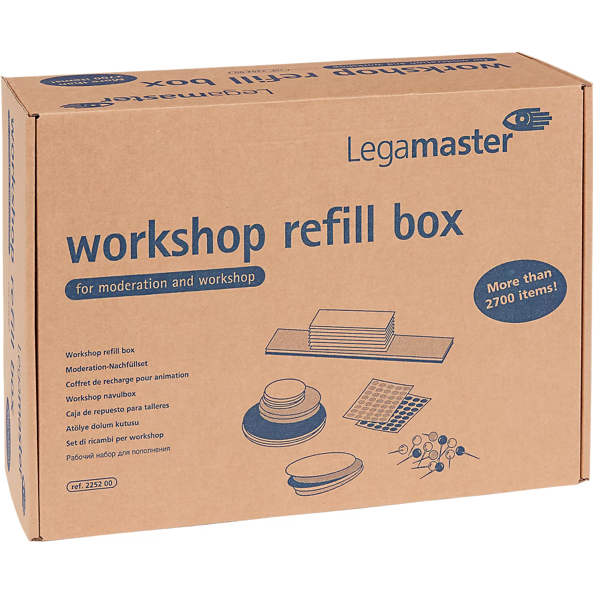 Brown box with Legamaster print and “Workshop Refill Box” lettering, illustration of moderation materials.