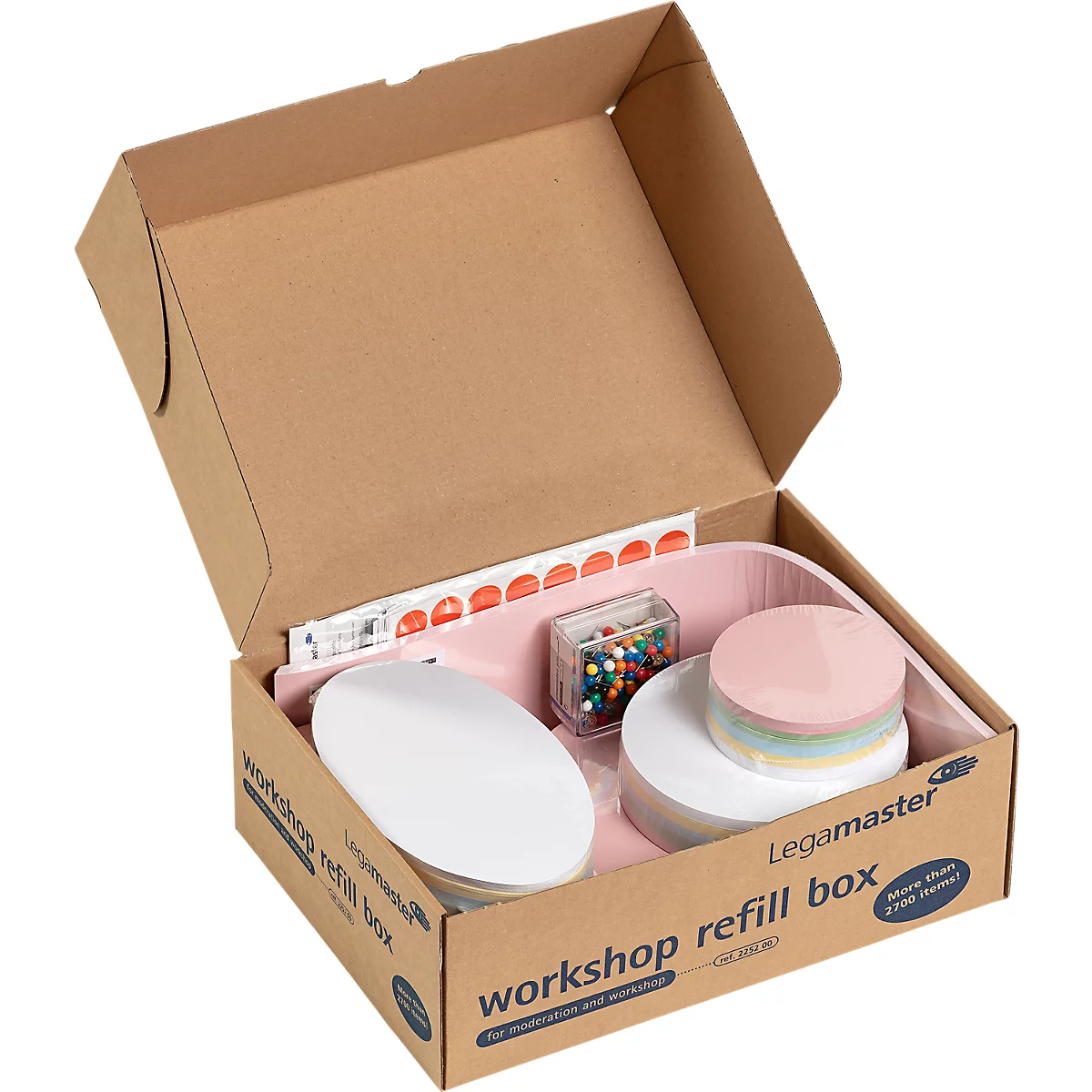 Opened workshop refill box with content. Pink, white and colored papers, pins and stickers. Print "workshop refill box".