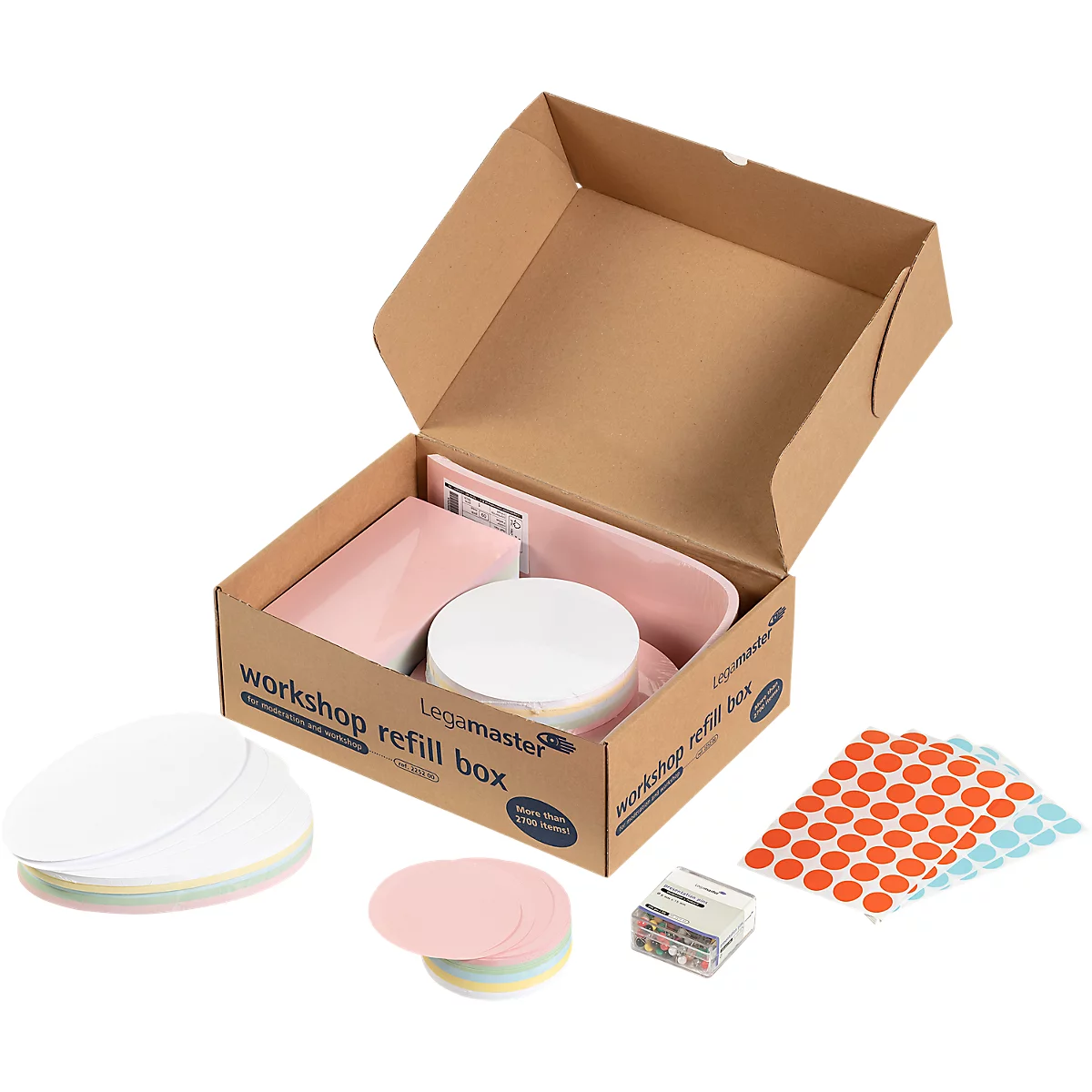 Open brown box with workshop material. Includes: paper, adhesive dots, round cards, and a white container.