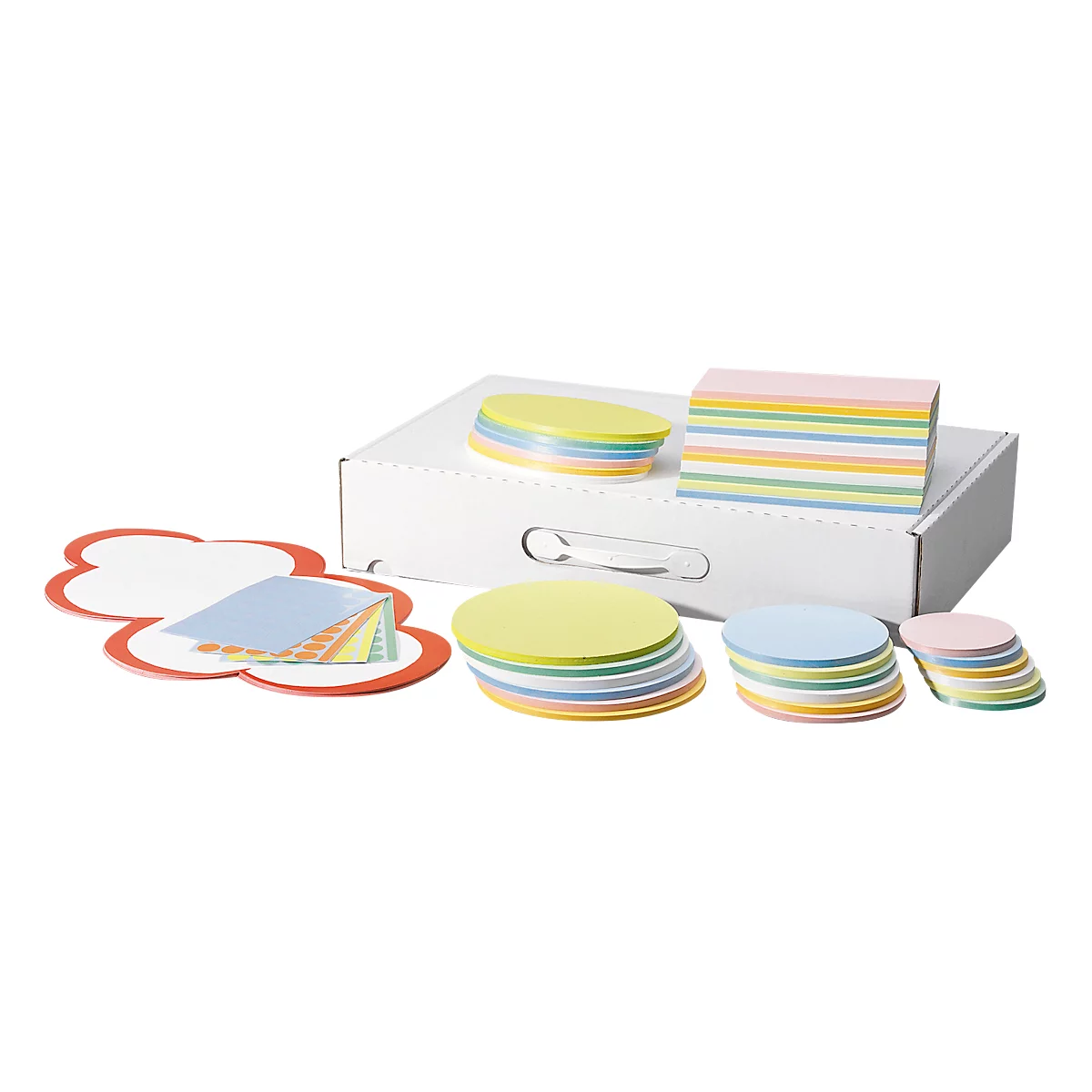 Various colored sticky notes and notepads with a white storage box.