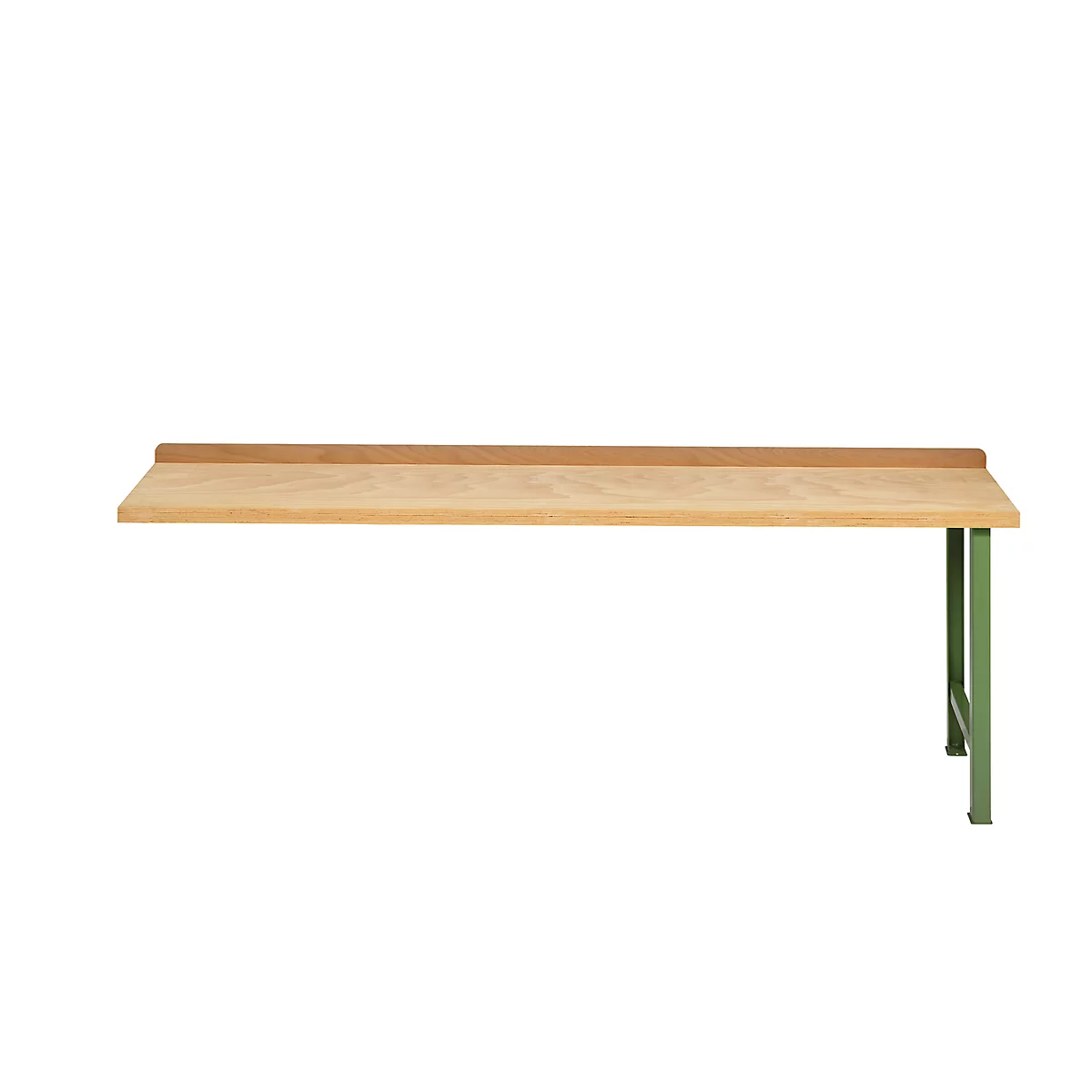 A wooden table with green metal legs, isolated on a white background.