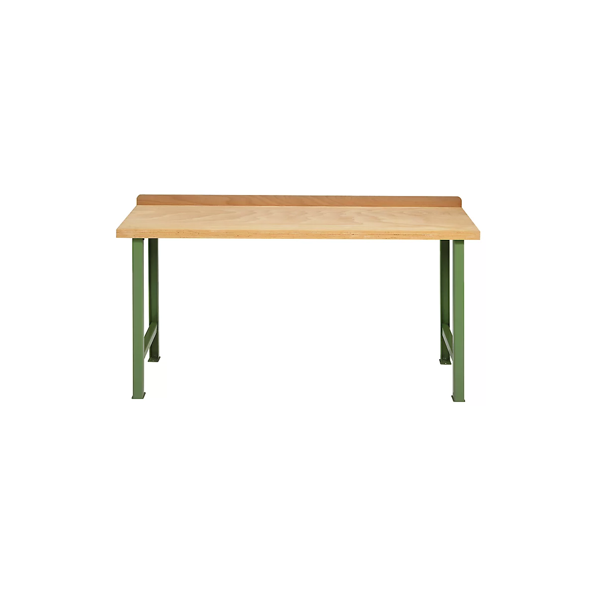 A wooden table with a light brown tabletop and green legs, against a white background.
