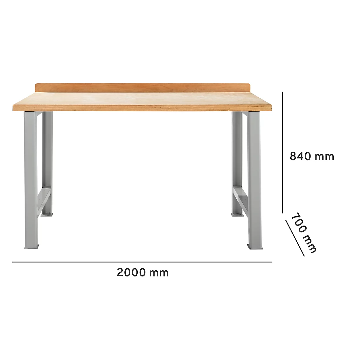 Workbench with wooden top and metal legs, dimensions 2000 x 840 x 700 mm.