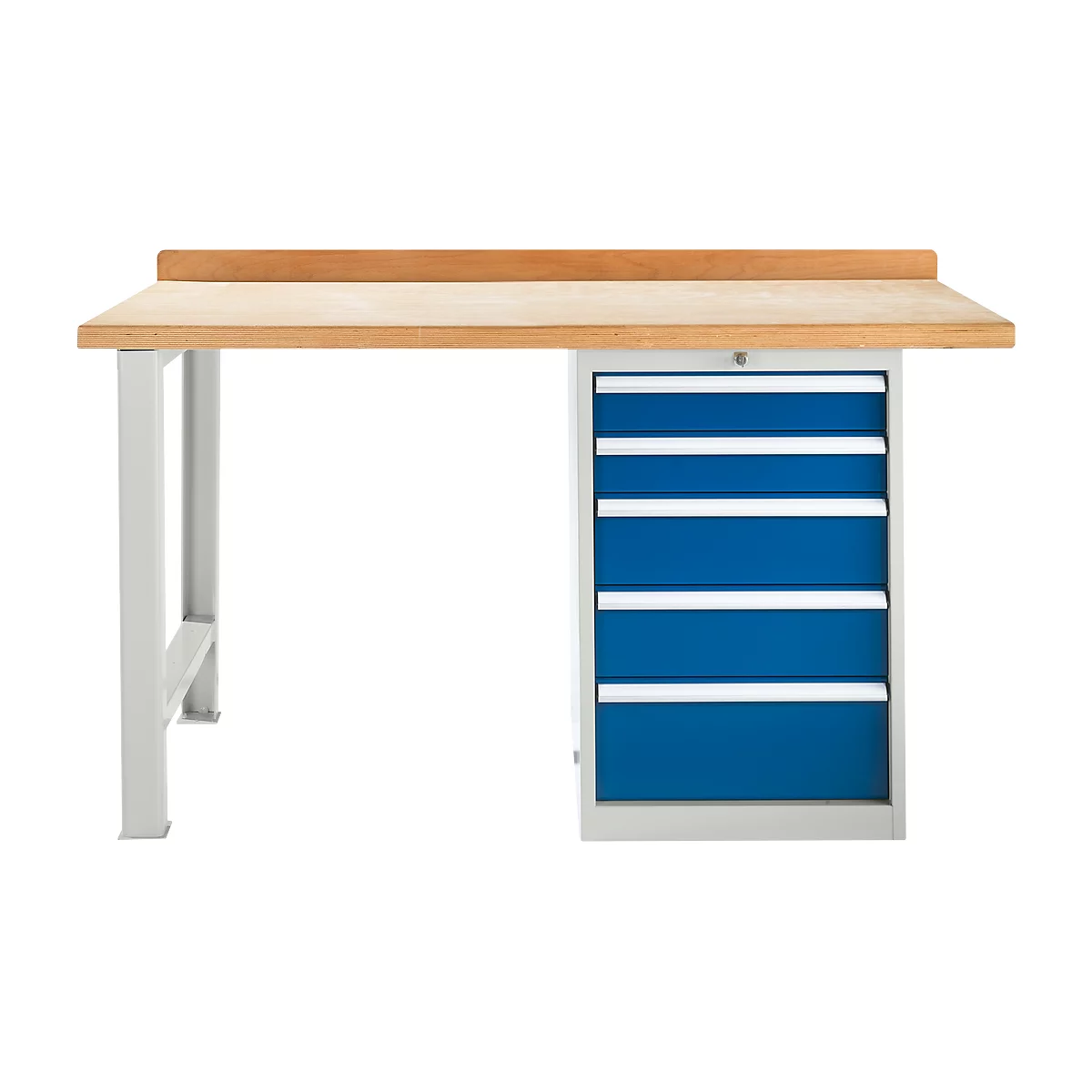 Workbench with wooden top and drawers. Blue and white painted cabinet. Standing on light gray legs.