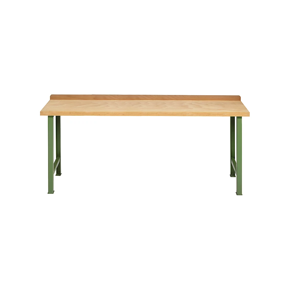 Wooden table with green legs, front view. The table top is light, and the legs are green.
