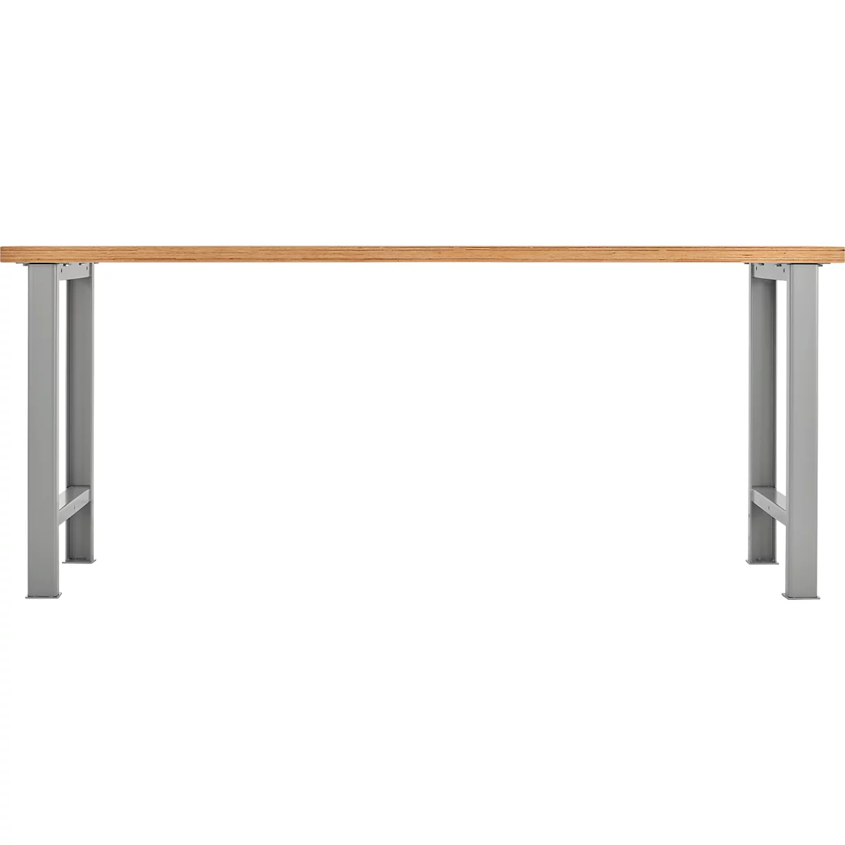 A workbench with a light brown tabletop and gray steel legs, isolated against a white background.
