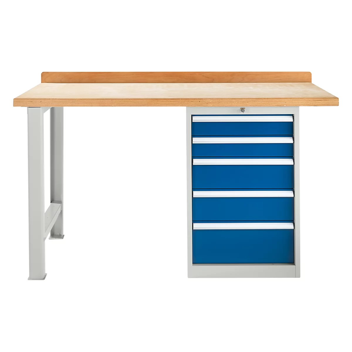 Modulare Werkbank Schäfer Shop Select, Grundeinheit, Buche Multiplexplatte, bis 500 kg, B 1500 x T 700 x H 840 mm, Lichtgrau ral 7035/Enzianblau ral 5010