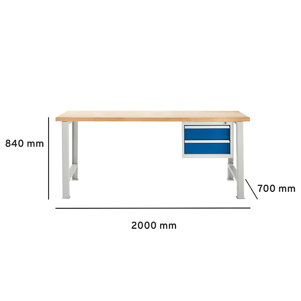 Werkbank mit Holzplatte, Metallbeinen und Schubladen; Größenangaben: 2000 mm x 840 mm x 700 mm.