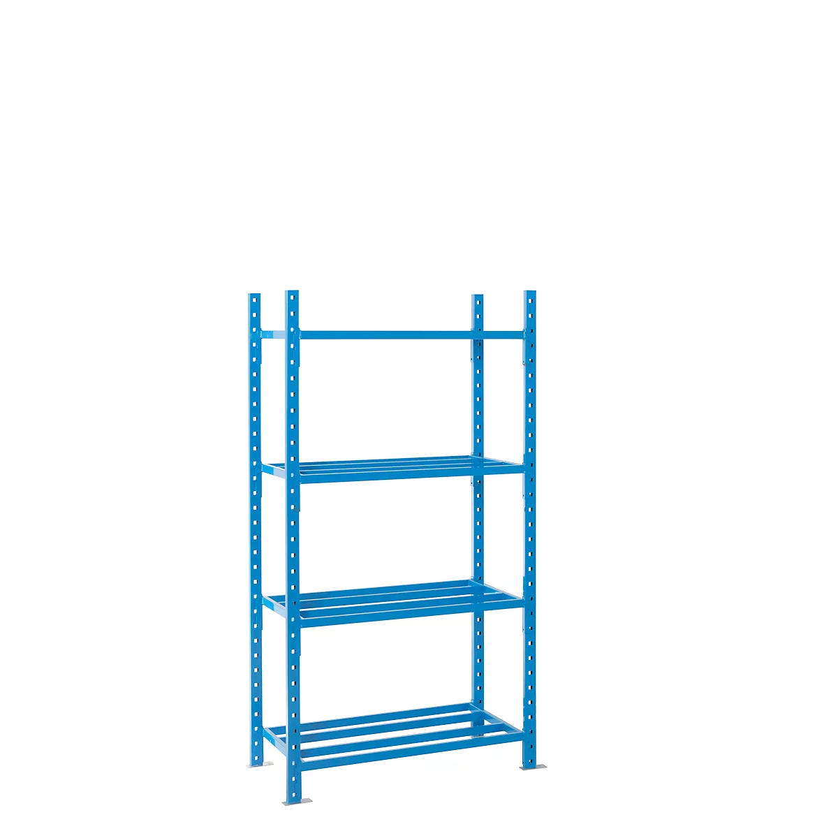 Étagère métallique bleue à quatre niveaux, autoportante sur fond blanc.