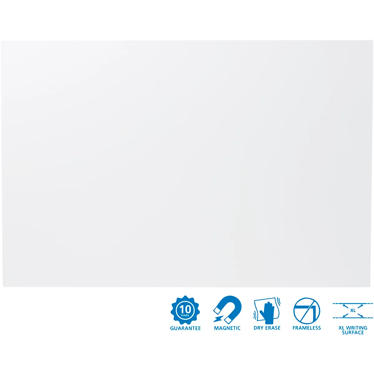 Tableau blanc blanc, icônes en bas à droite : garantie 10 ans, magnétique, effaçable à sec, sans cadre, surface d'écriture XL.