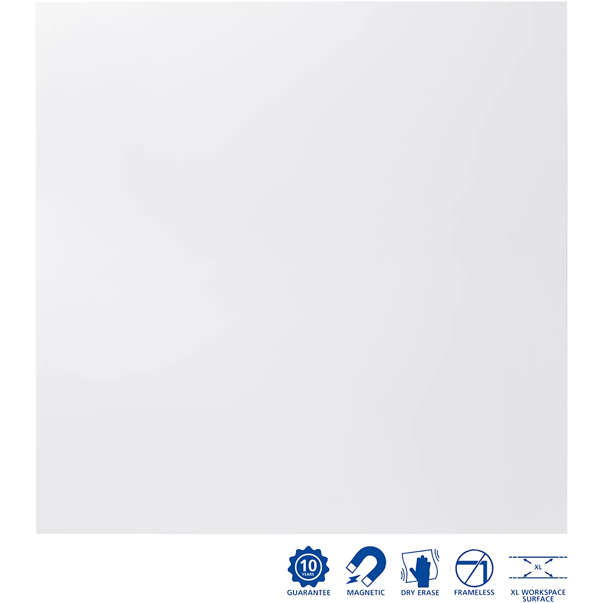 Tableau blanc, magnétique, effaçable à sec. En bas, des pictogrammes avec les étiquettes : Garantie, Magnétique, Effaçable à sec, Sans cadre, Surface XL.