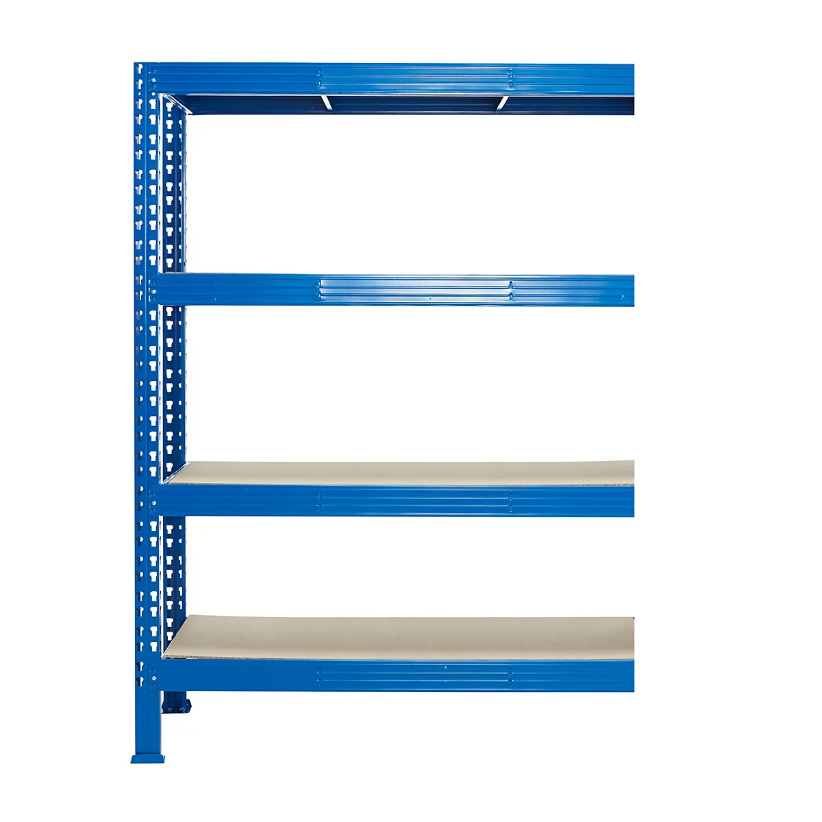 Estantería metálica azul con cuatro estantes. Los estantes son de color gris claro.