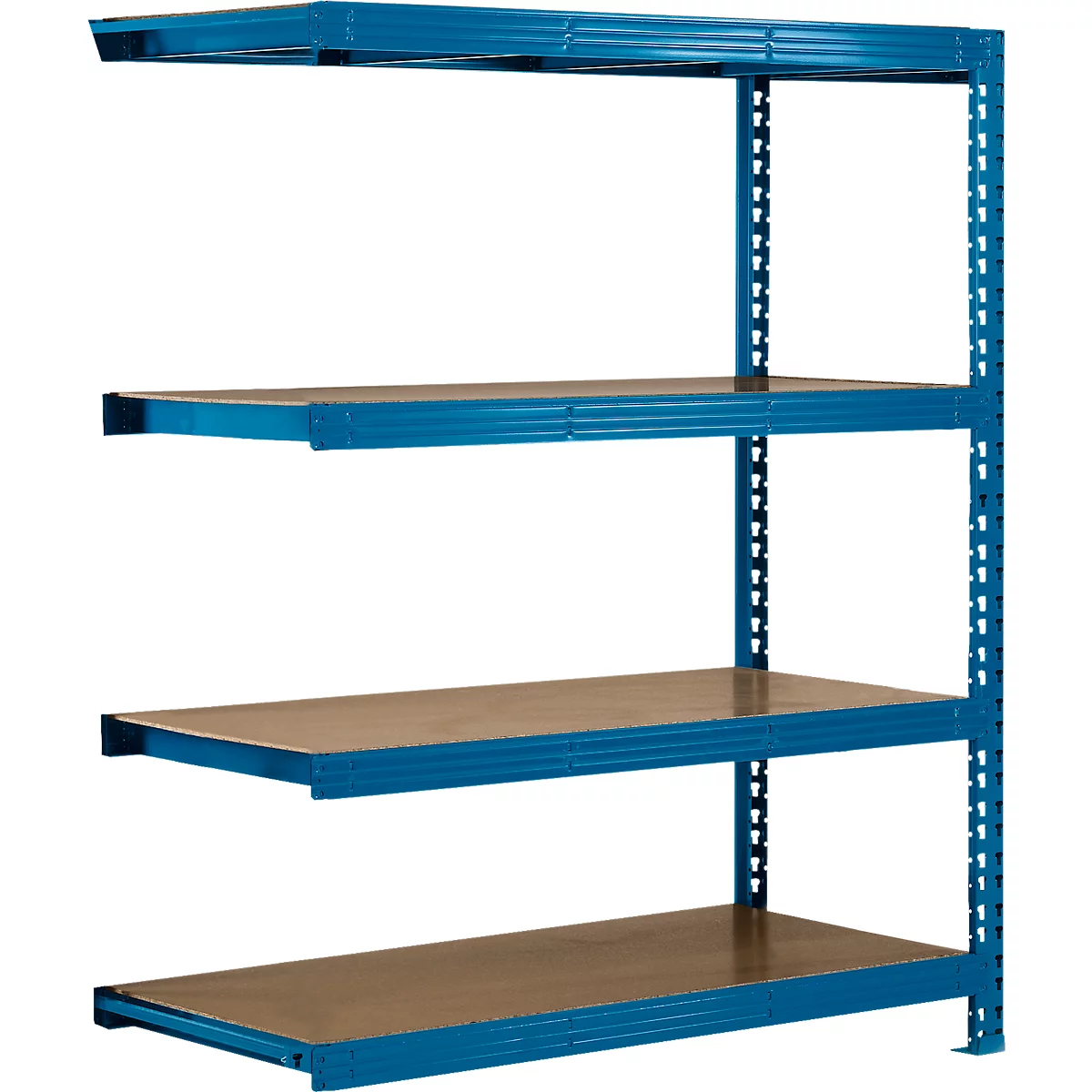 Estantería metálica azul con cuatro estantes de madera. Los soportes están fijados a la pared.