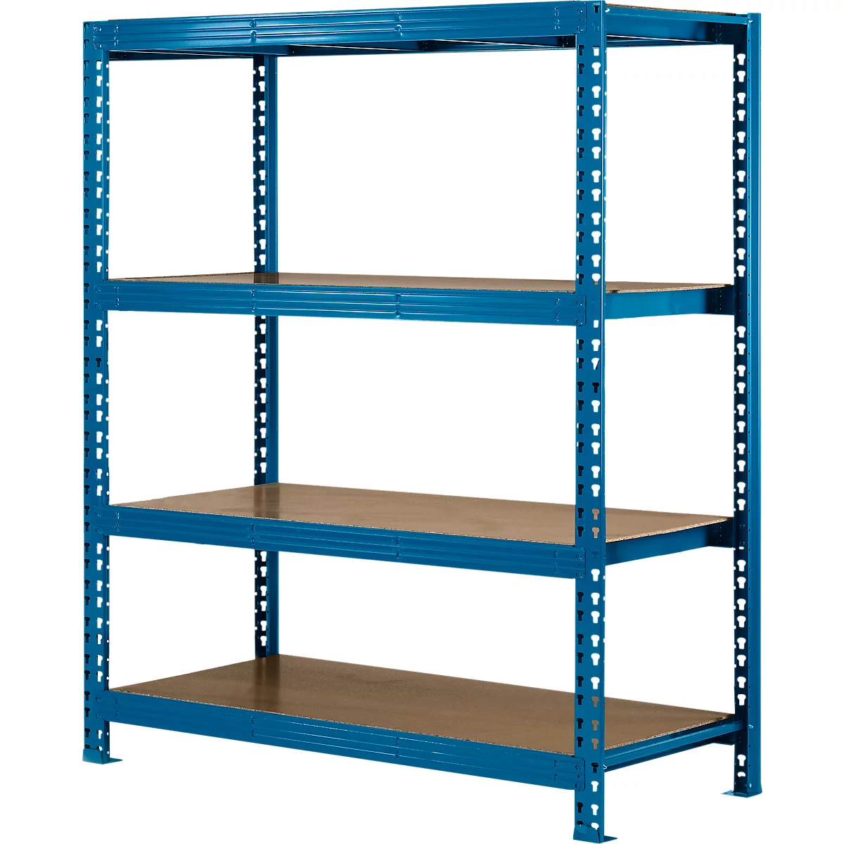 Estantería metálica azul con cuatro niveles y estantes marrones.