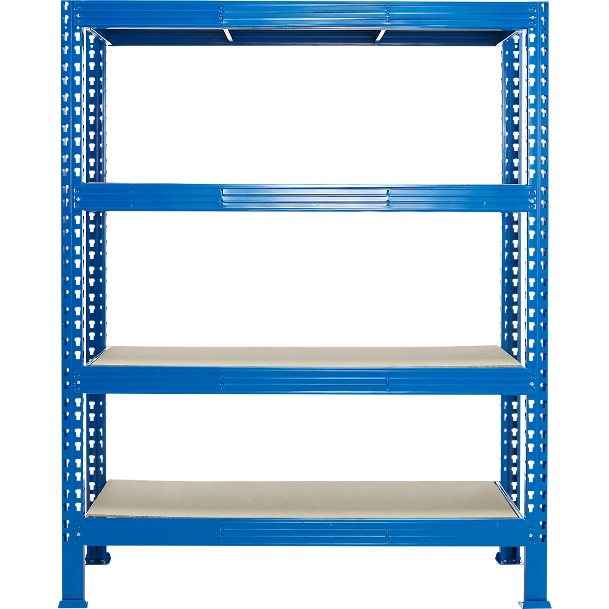 Estantería metálica azul con cuatro estantes grises sobre fondo blanco.