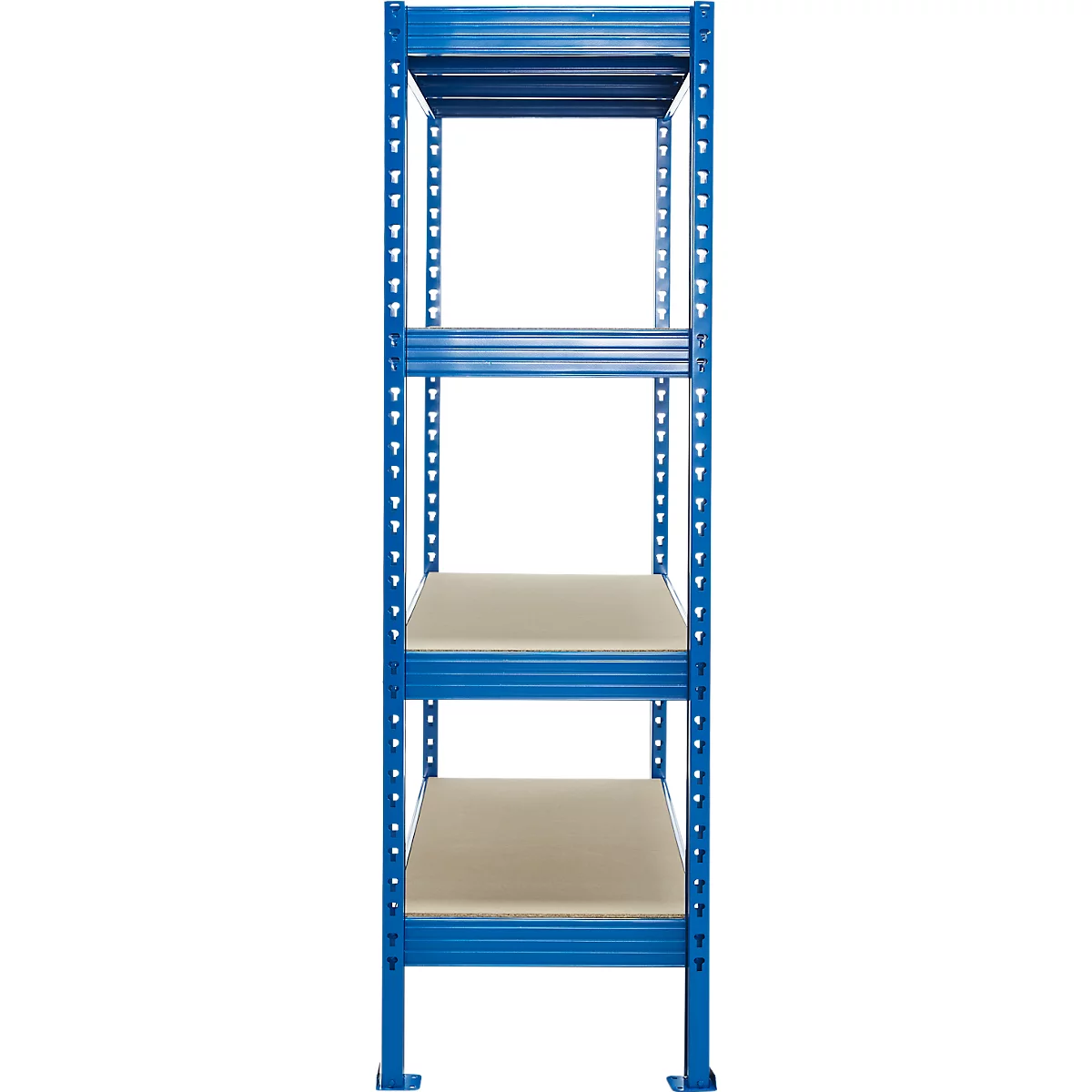 Estantería azul con cuatro estantes. Tableros de madera sobre un marco de metal.