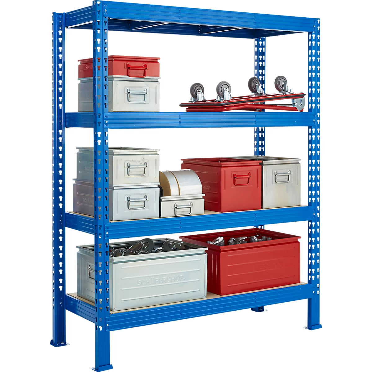 Estantería metálica azul con varias cajas de herramientas y accesorios rojos y plateados.