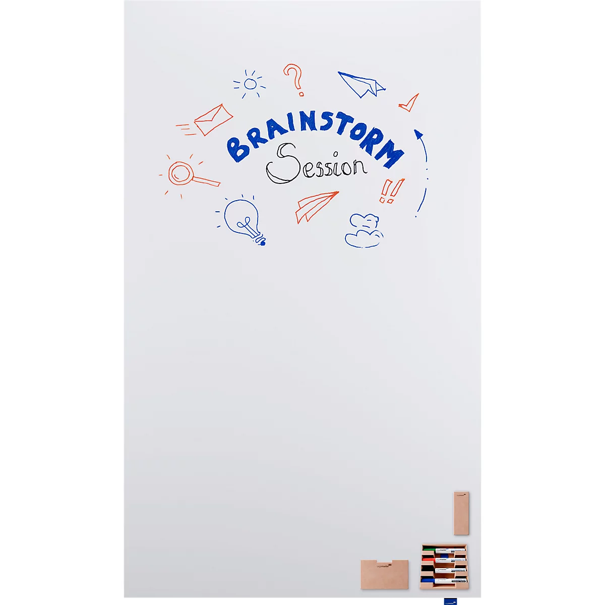 Pizarra blanca con "Brainstorm Session" y garabatos. Bolígrafos y accesorios de colores en la parte inferior.