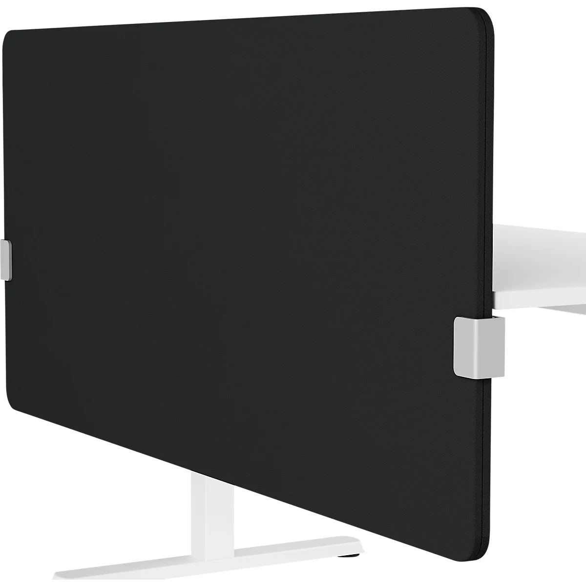 Black acoustic panel with white brackets, attached to a desk.