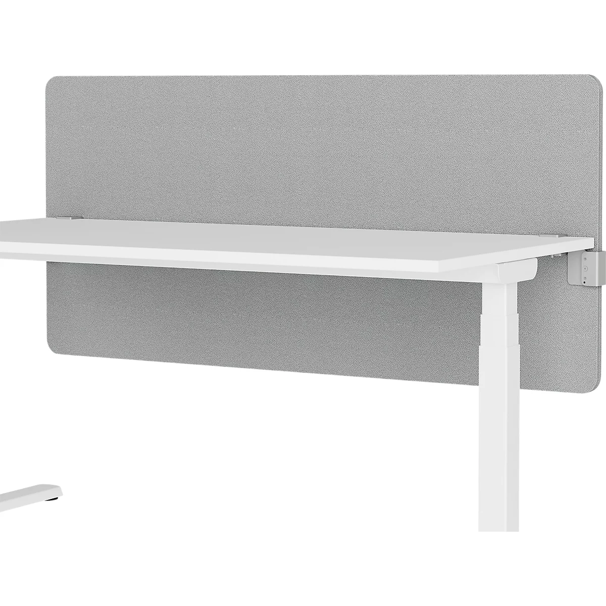 A white desk with a grey soundproofing panel attached to one side.