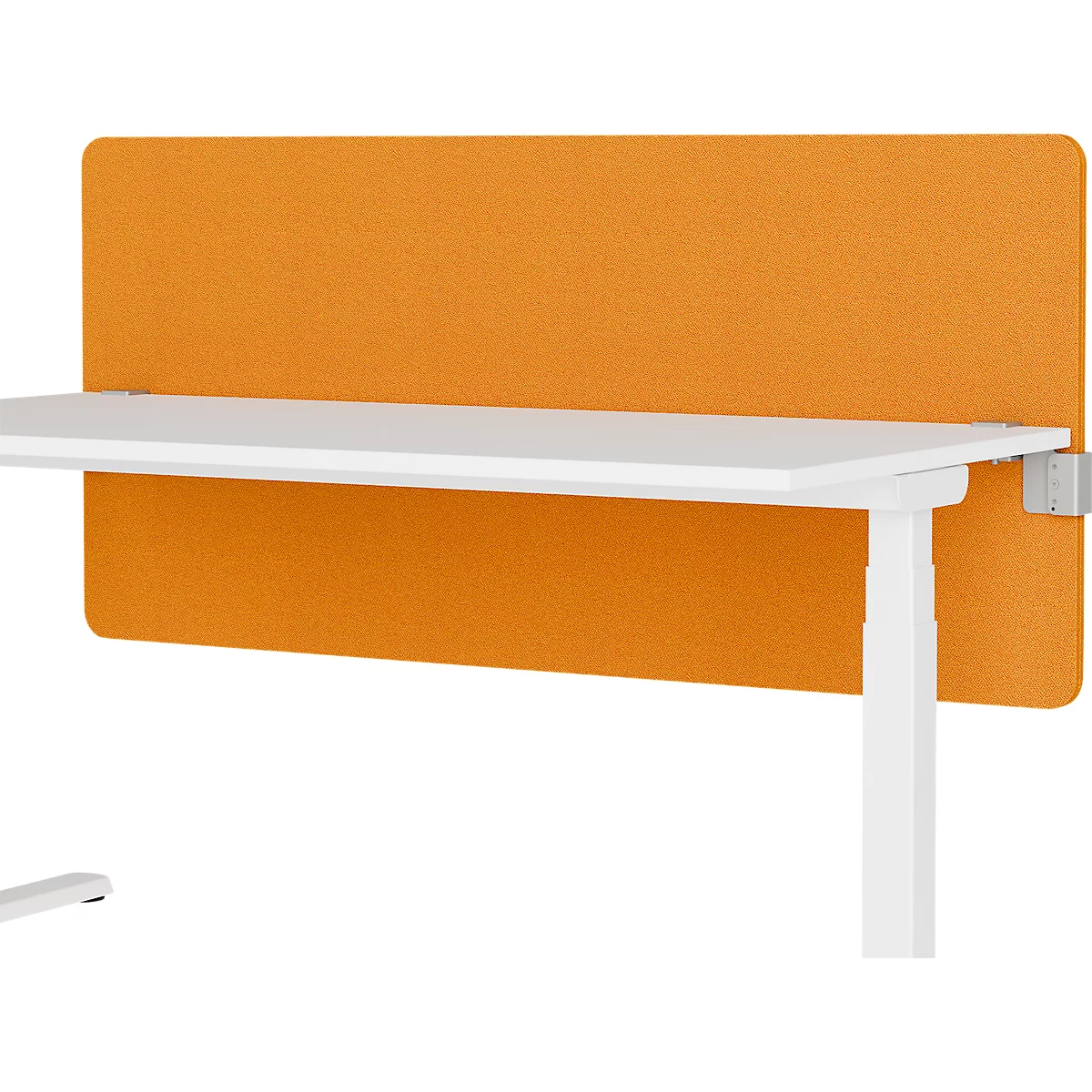Desk with orange partition. White tabletop, leg, and frame. The partition is held in place with metal clips.