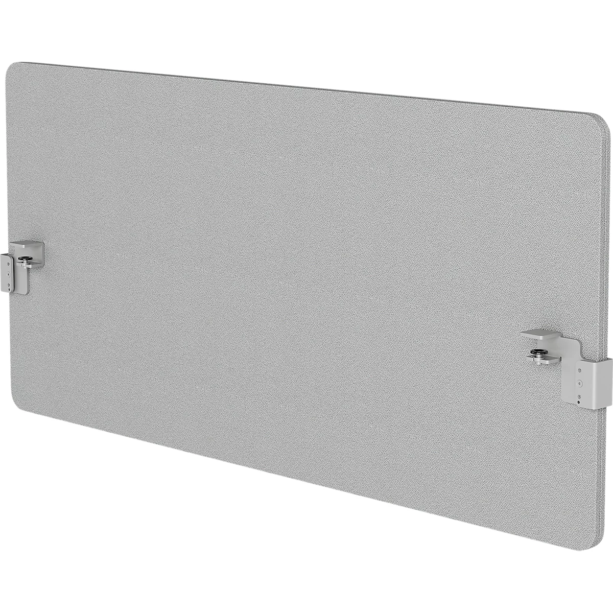 Gray plate with rounded corners, with metal brackets attached.