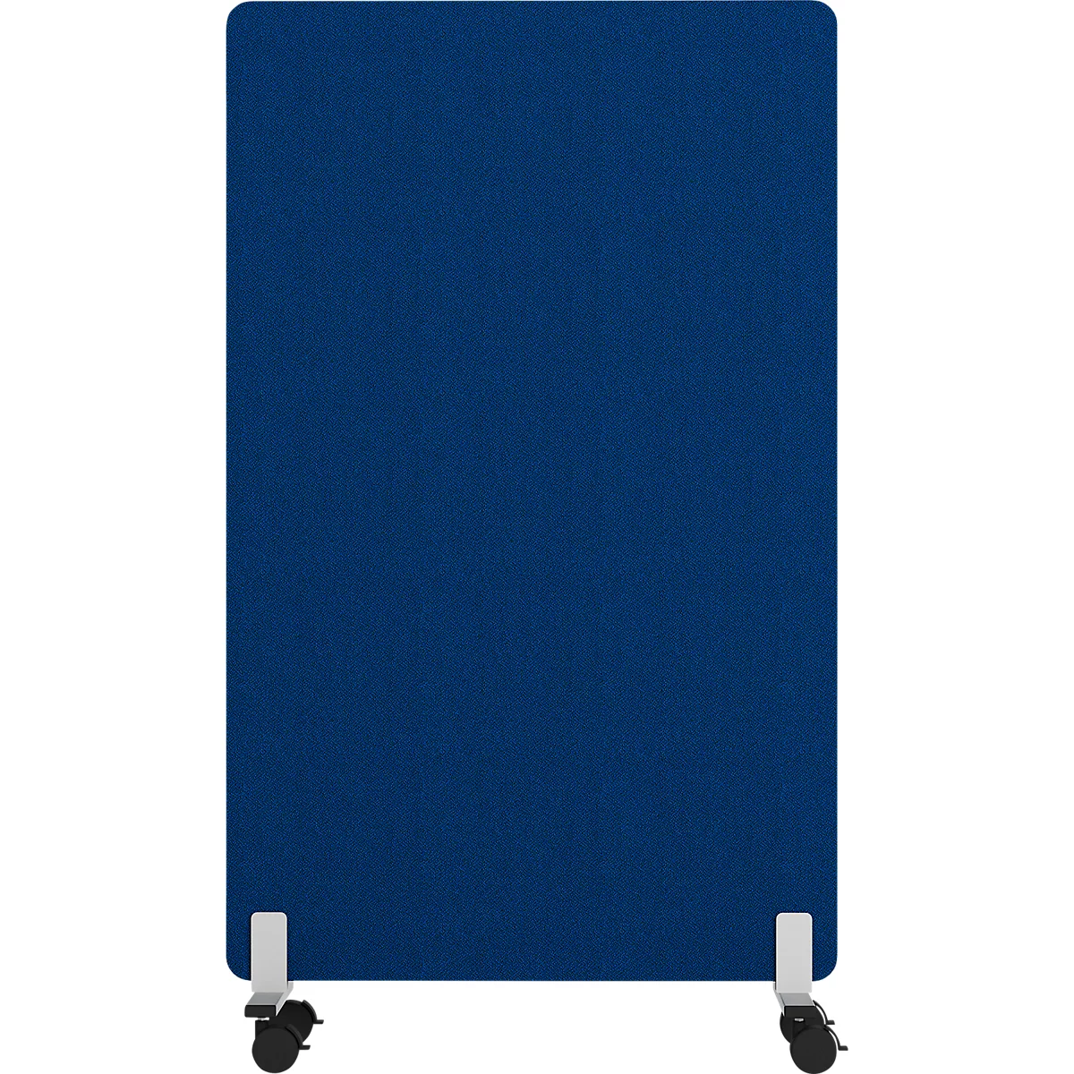 Blauw rechthoekig kamerscherm op wielen. Wit frame aan de onderkant, zwarte wielen.