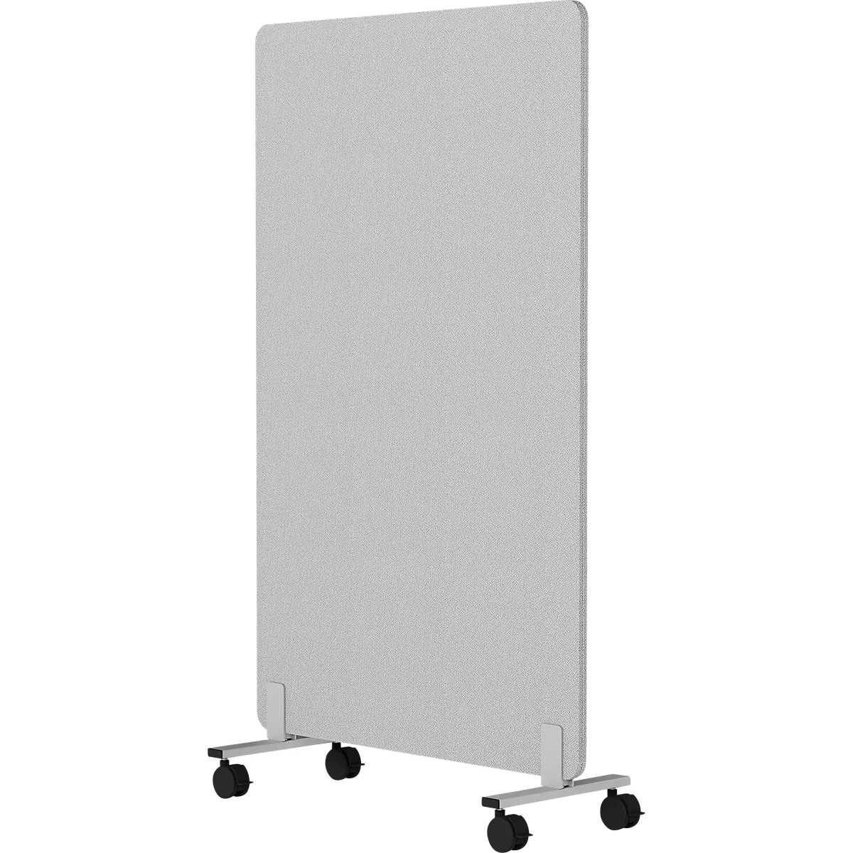 Grijze rechthoekige scheidingswand op wielen, voor een witte achtergrond. De wand is hoog en smal.