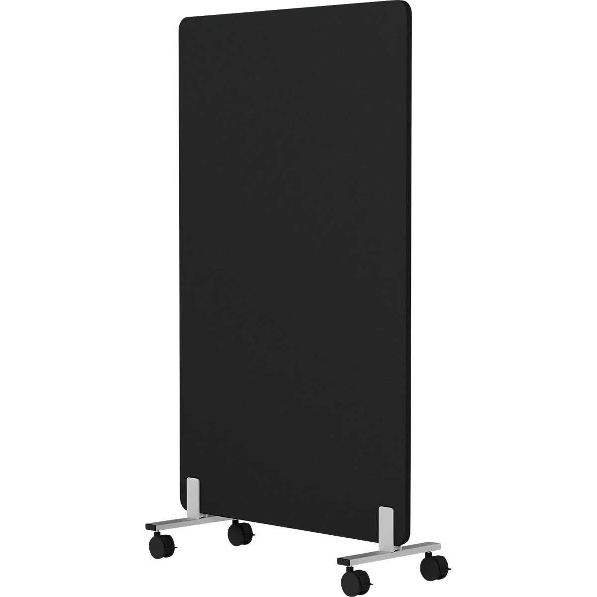 Zwart scherm met wielen. Rechthoekige, hoge uitvoering, op zilveren voeten met kleine zwarte wielen.
