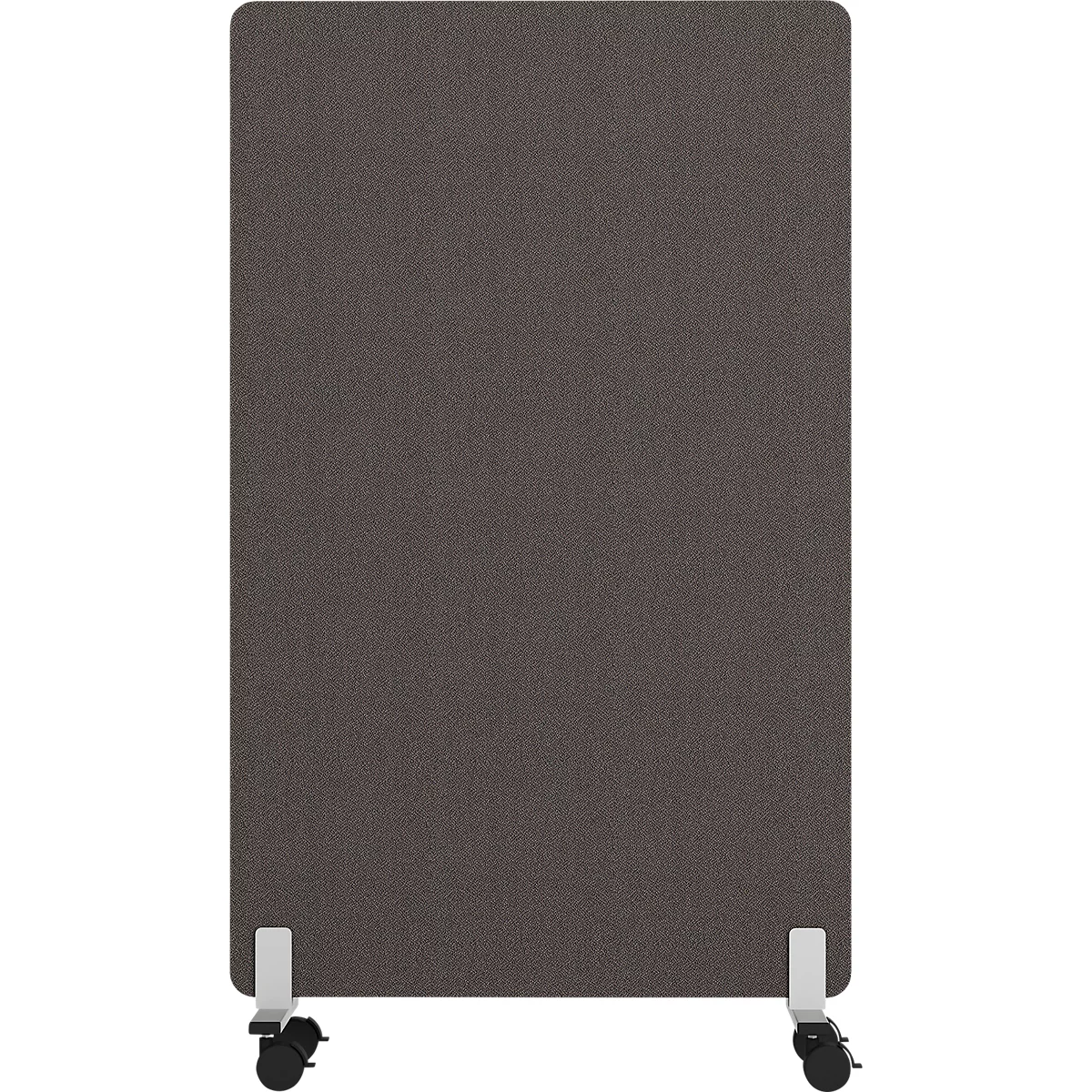 Grote, grijze geluiddichte wand met wielen voor flexibel gebruik op kantoor. De wand staat voor een witte achtergrond.