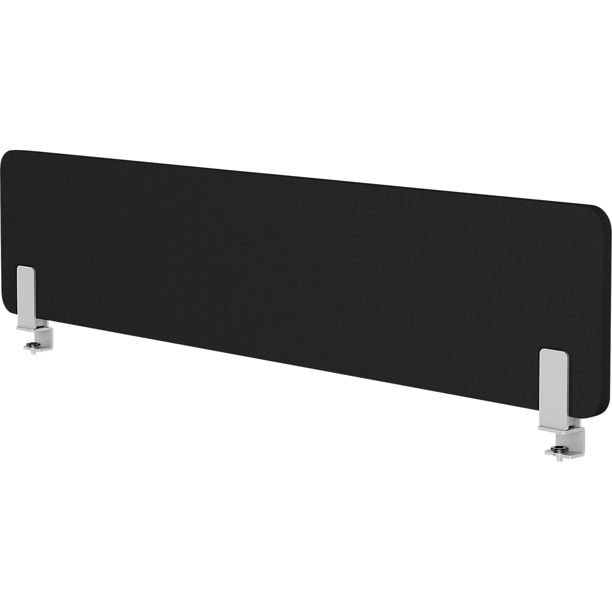 A black rectangular desk divider with rounded corners, attached with white clamps at the ends.