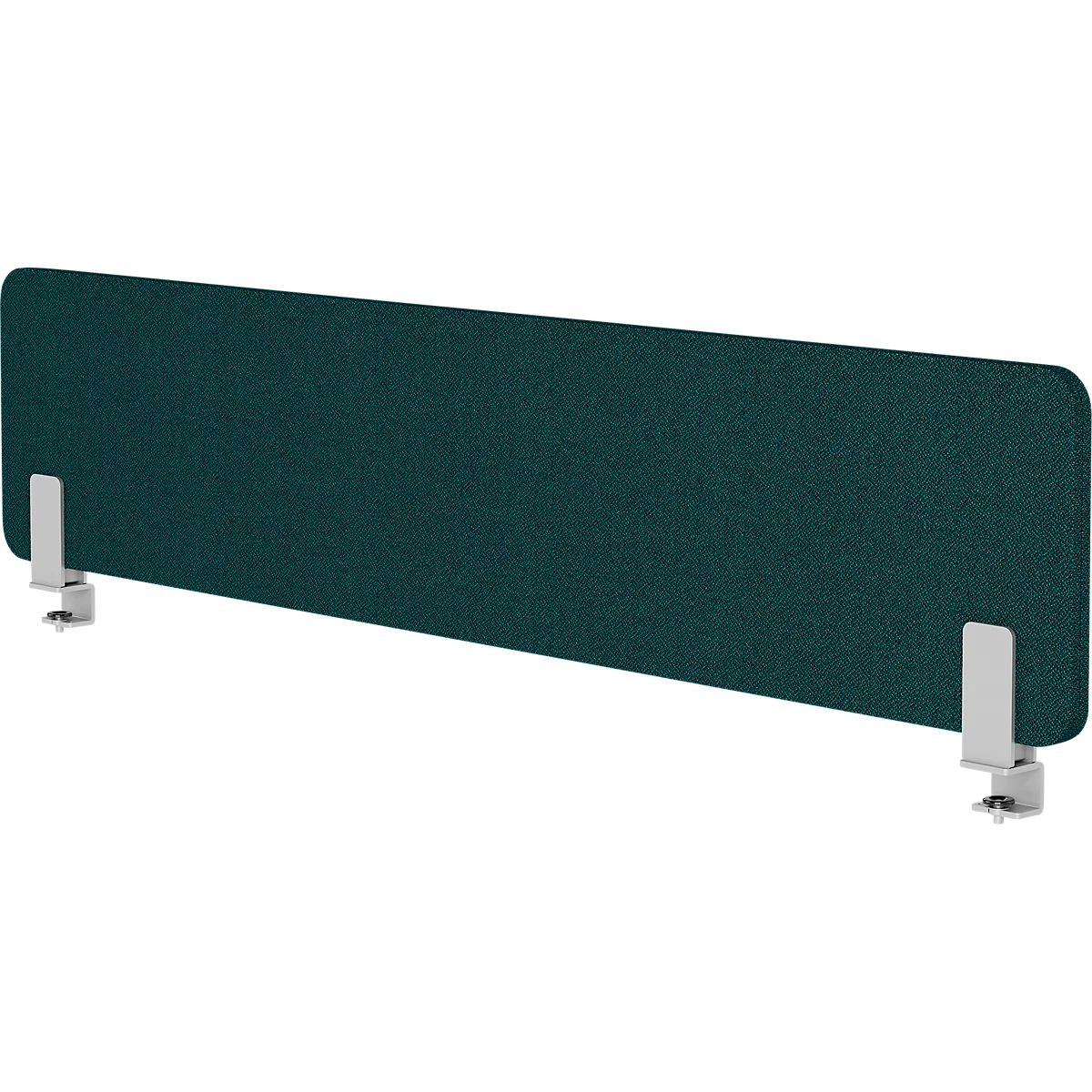 Dark green desk divider with white clamps.