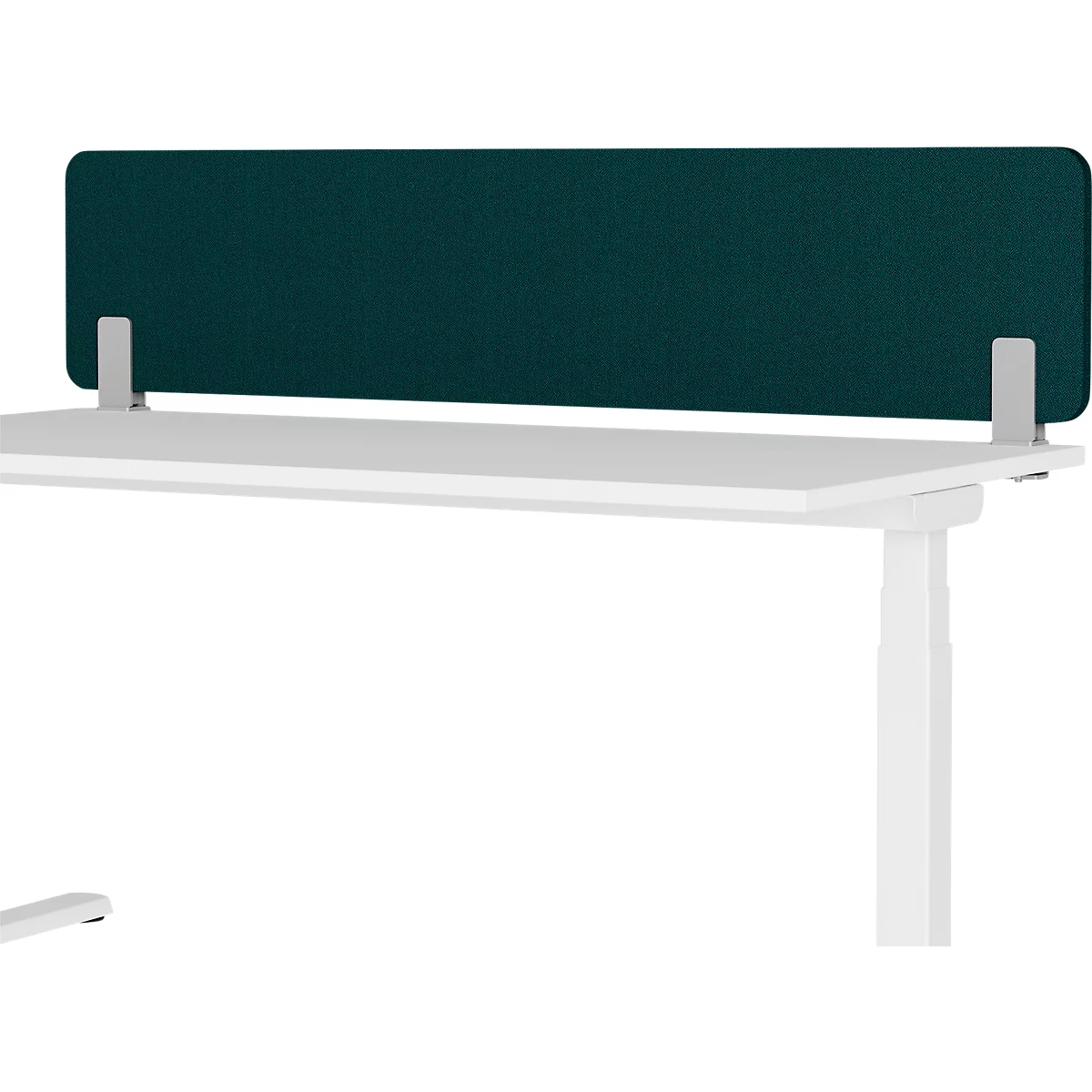 A white desk with a green partition. The partition is attached to brackets.