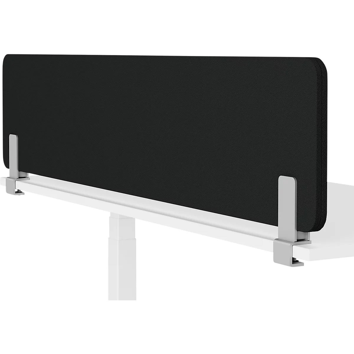 Black, rectangular fabric desk divider. It is attached to a white table top with metal clamps.