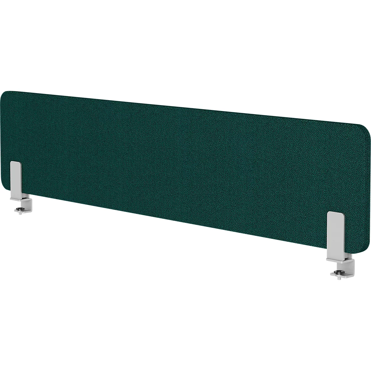 Green desk partition with metal clamps.