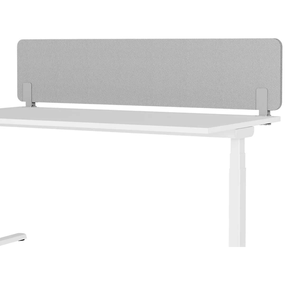 Grey, rectangular partition on a white desk, with white table legs.