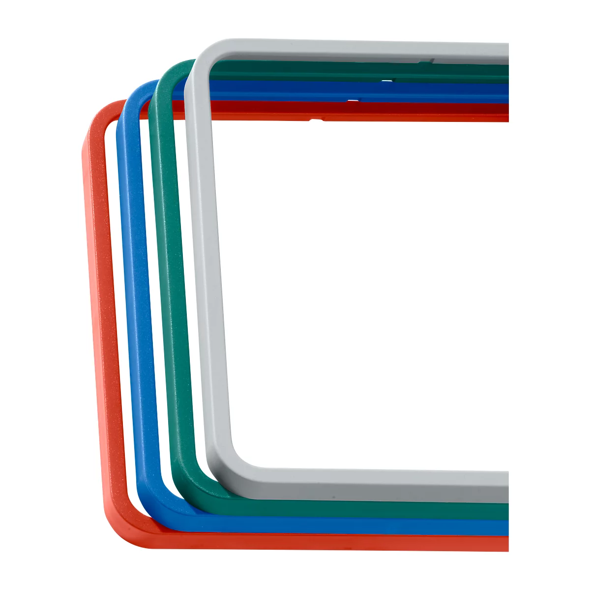 Verschillende kleurrijke, vierkante frames die op elkaar zijn gestapeld. Rood, blauw, groen en grijs vormen een reeks.