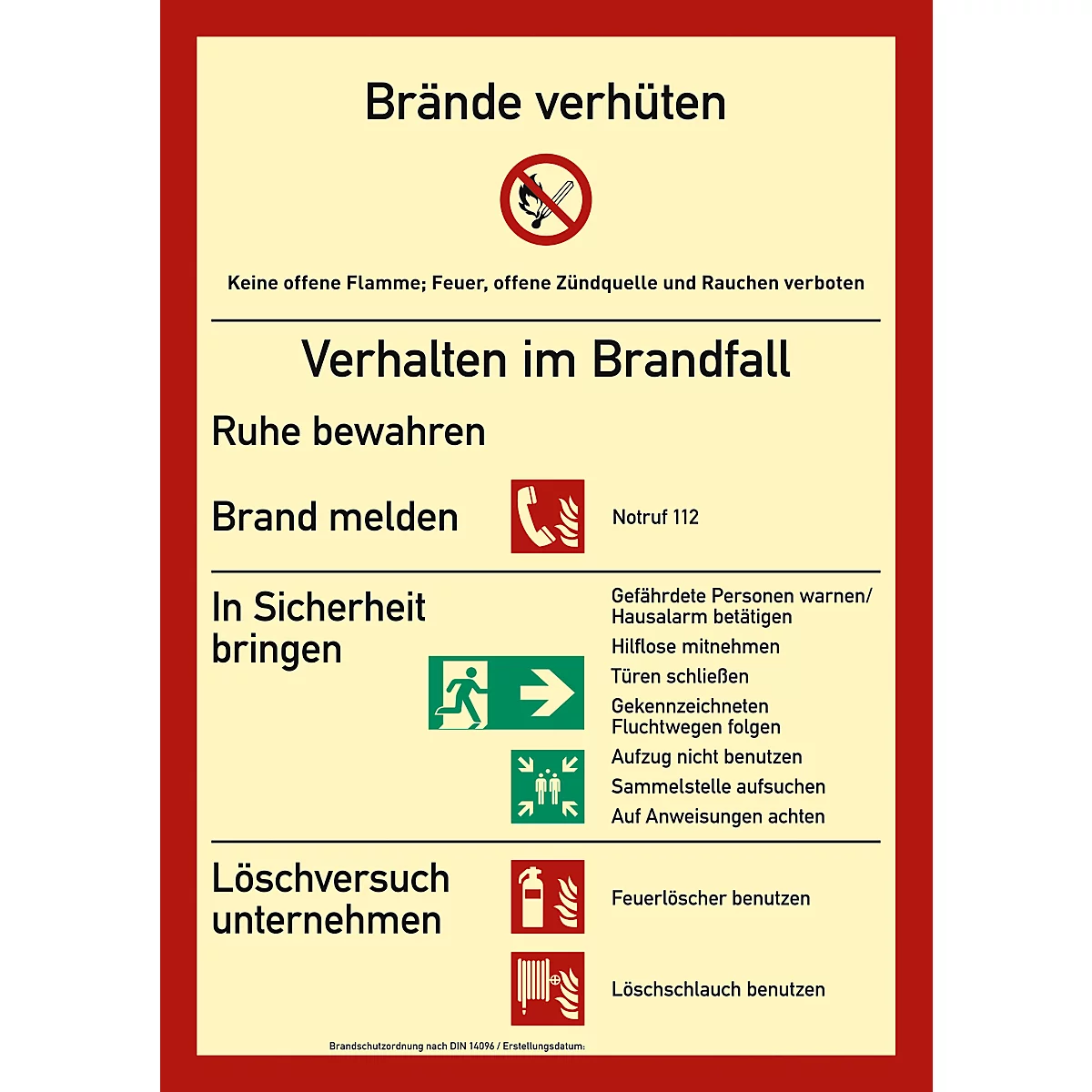 moedel brandbeveiligingsbord 'Brandbeveiligingsvoorschriften (zonder handbrandmelder)', conform DIN 14096 deel A, kunststof, fotoluminescent, B 210 x H 297 mm