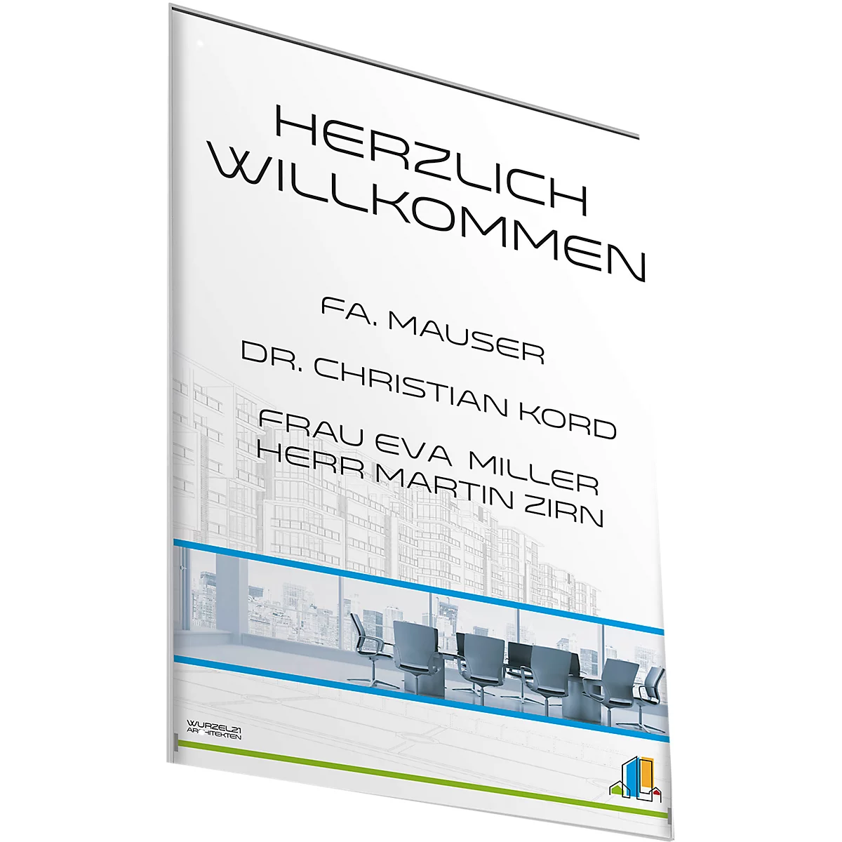 Welkomstbord met tekst. Welkom, FA. Mauser, Dr. Christian Kord, Mevrouw Eva Miller, De heer Martin Zirn.