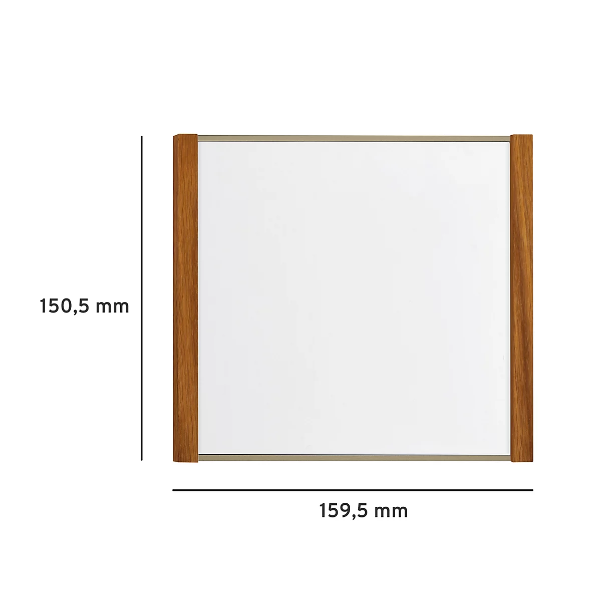 Rechthoekige spiegel met houten frame. Afmetingen: 159,5 mm x 150,5 mm.