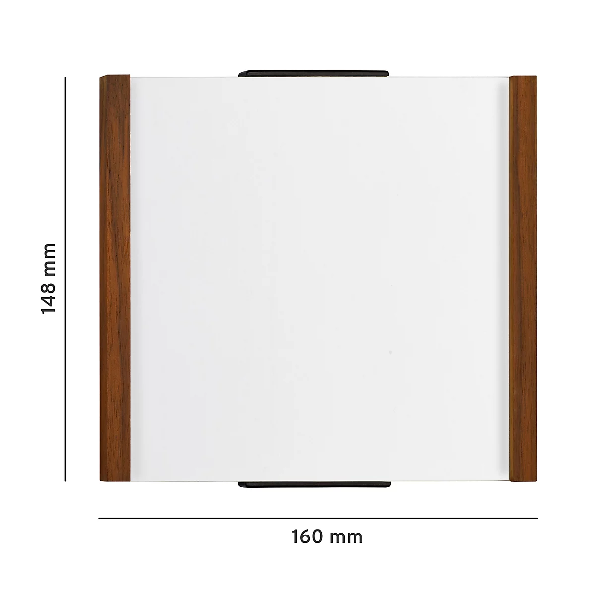 Rechthoekig wit frame met houten frame. Zwarte handgrepen aan de boven- en onderkant. Afmetingen: 160 x 148 mm.