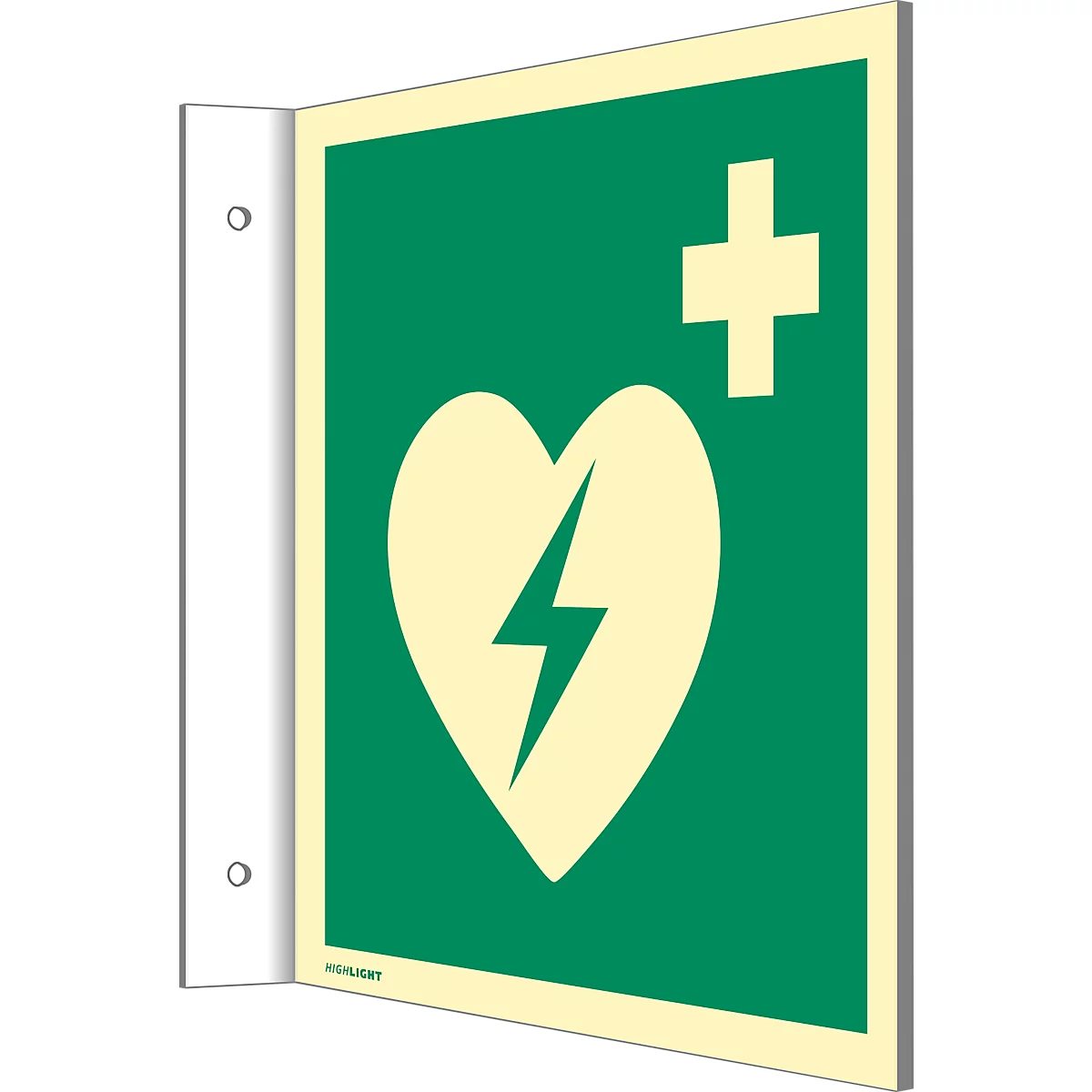 moedel Fahnenschild „Automatischer externer Defibrillator AED“, EN ISO 7010, Leuchtklasse C, 160 mcd/m², bis 14,8 m, L 148 x B 148 mm, Kunststoff