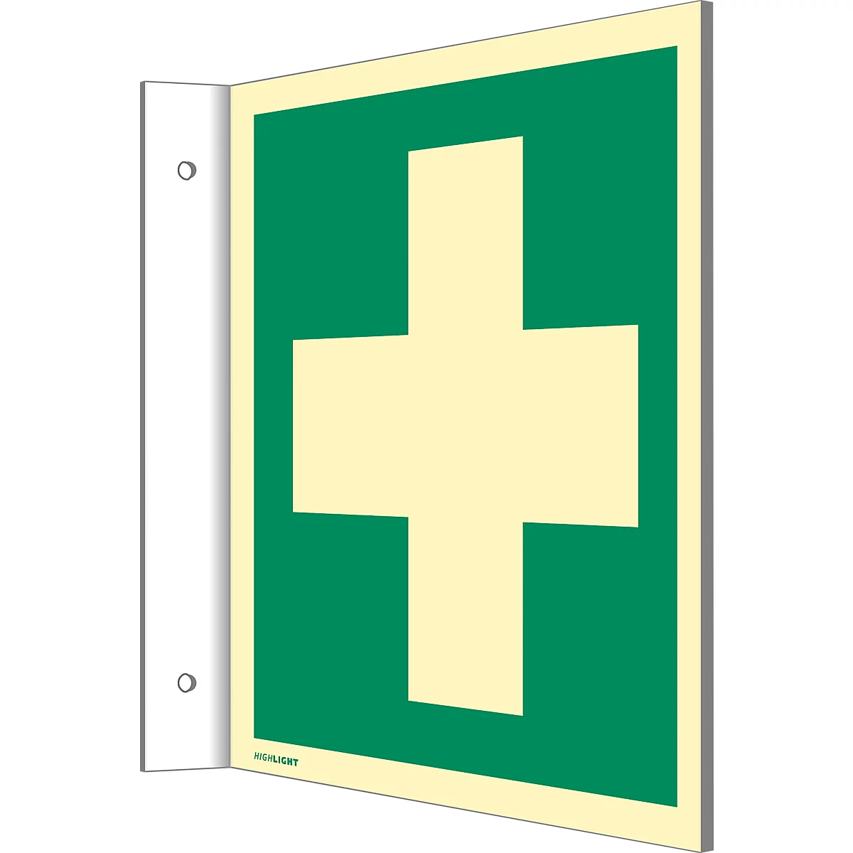moedel Fahnenschild „Erste Hilfe“, EN ISO 7010, Leuchtklasse C, 160 mcd/m², bis 14,8 m, L 148 x B 148 mm, Kunststoff, grün