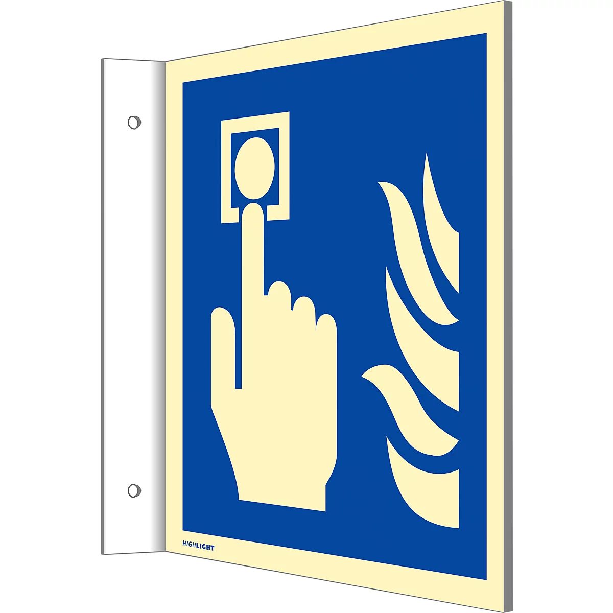 moedel Fahnenschild „Hausalarm/Brandmelder/Flamme“, Leuchtklasse C, 160 mcd/m², bis 14,8 m, L 148 x B 148 mm, Aluminium, blau-weiss