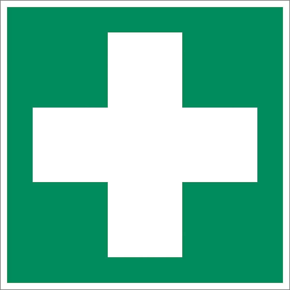 Square green sign with a white cross in the middle.